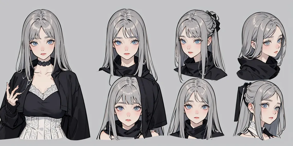 The image shows a set of 6 different headshots of the same anime-style girl. She has silver hair and blue eyes, and is wearing a black choker and a white and black corset-style top. In the first headshot, she is facing the viewer with a neutral expression. In the second headshot, she is facing the viewer with a slight smile. In the third headshot, she is facing the viewer with a more pronounced smile. In the fourth headshot, she is facing the viewer with a slightly surprised expression. In the fifth headshot, she is facing the viewer with a sad expression. In the sixth headshot, she is facing the viewer with an angry expression.