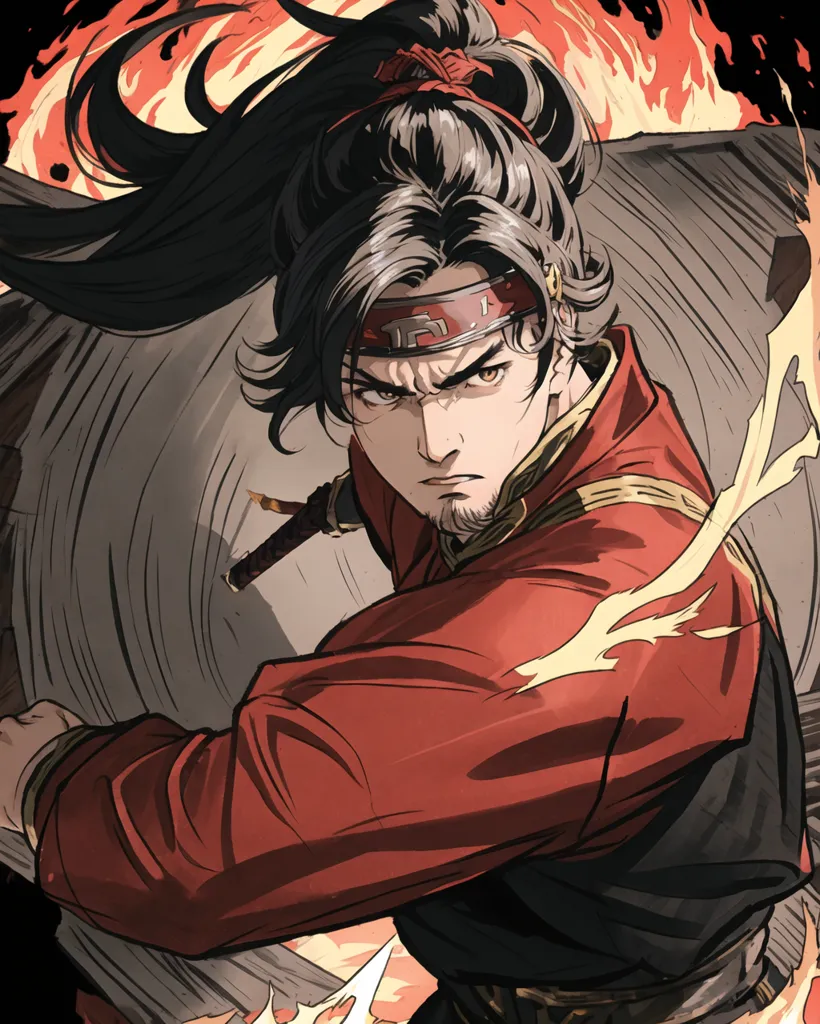 The image is in a comic book style. It shows a man with long black hair and a red headband. He is wearing a red shirt and black pants. He has a sword in his right hand and is blocking an attack from an unseen enemy with a large round shield in his left hand. The background is orange and there are flames around the man.