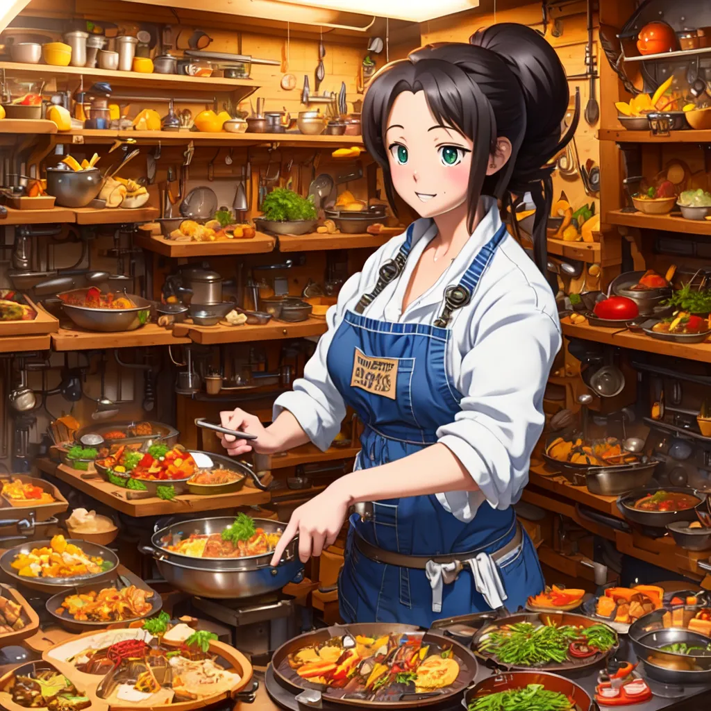 A beautiful anime girl with long black hair and green eyes is cooking in a kitchen. She is wearing a white apron over a blue dress. She is holding a wooden spoon and stirring a pot of food. There are many pots and pans on the shelves behind her, and there is food on every surface. The girl is smiling and looks happy to be cooking.