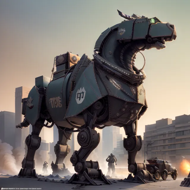 The image shows a large mechanical horse with green glowing eyes. It is standing in a city, surrounded by rubble and destroyed buildings. The horse is wearing a saddle and has a large metal plate on its chest with the number 47 painted on it. There are several smaller mechanical creatures with guns standing around the horse. In the background, there is a large explosion.