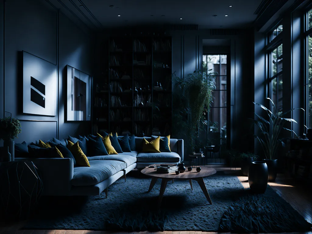 The image is a living room. The room is dark and moody, with dark blue walls and a gray rug on the floor. There is a large window that lets in some light. The furniture is all dark gray or black. There is a large sofa, a coffee table, and a few chairs. There are also some plants in the room. The overall effect is one of luxury and sophistication.