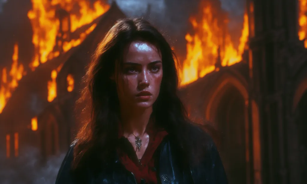 A young woman stands in front of a burning church. She is wearing a black leather jacket and a red shirt. She has long, dark hair and a determined expression on her face. The fire is raging behind her, but she does not seem to be afraid. She looks like she is ready to face whatever comes her way.