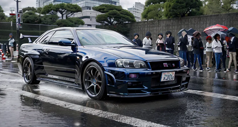 图像显示一辆蓝色的日产 Skyline GT-R R34。它停在一条潮湿的道路上,左侧有人站着,都拿着雨伞。这辆车经过改装,装有大型后扰流板、改装轮圈和前扰流板。