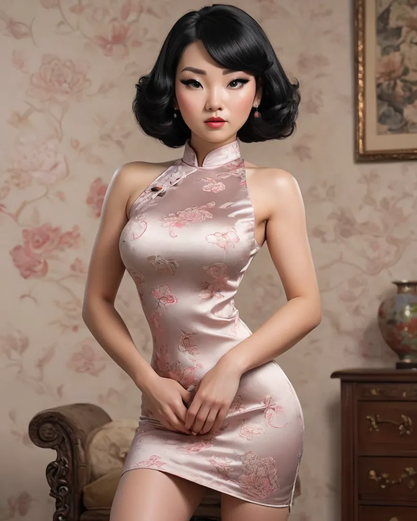 The picture shows a young woman wearing a pink cheongsam. The cheongsam is a traditional Chinese dress that is typically worn by women. It is a one-piece dress that is fitted to the body and has a high collar. The cheongsam is often made of silk or other luxurious fabrics and is often decorated with intricate designs. The woman in the picture is wearing a cheongsam that is made of a pink satin fabric and has a floral pattern. She is also wearing a pair of high heels and her hair is styled in a bob with bangs.