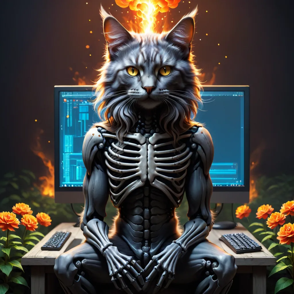 The image shows a cyborg cat sitting in front of a computer. The cat has grey fur and yellow eyes. It is wearing a black collar with a red tag. The cat is sitting on a black chair in front of a black desk. On the desk is a computer, a keyboard, and a mouse. The cat is looking at the computer screen. There are orange flowers on either side of the desk.