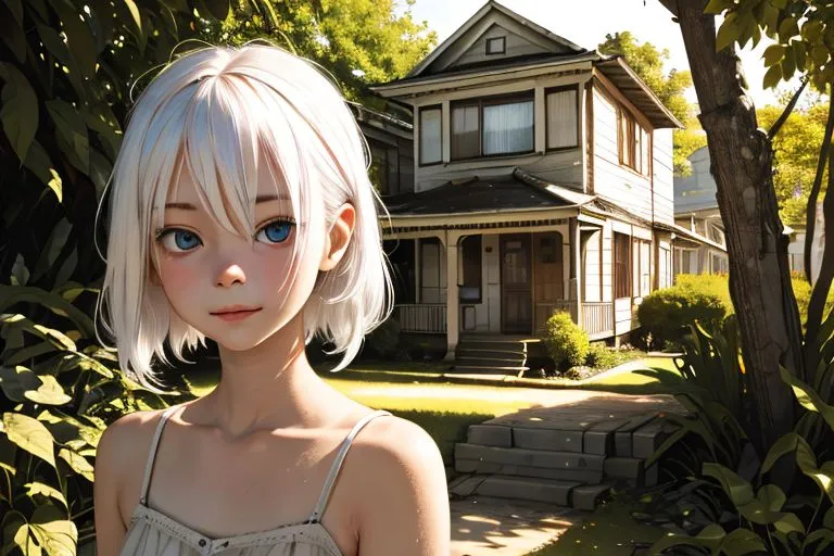 This is an image of a young girl with short white hair and blue eyes. She is standing in front of a small house. The house is white with a porch and a garden. The girl is wearing a light-colored dress. She has a gentle smile on her face.