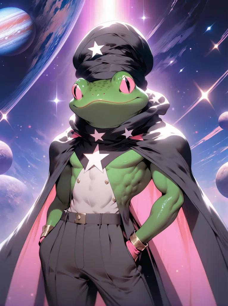 The image shows a muscular anthropomorphic frog wearing a black turban and a black cape with pink lining. The frog is standing with its hands on its hips in front of a starry background. There are planets in the background. The frog has a confident expression on its face.