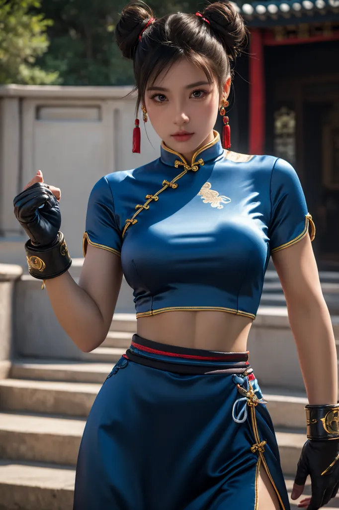 The image shows a young woman dressed in a blue cheongsam. She has her hair in two buns and is wearing red earrings. She is standing in a fighting stance, with her fists raised. The background is a Chinese courty