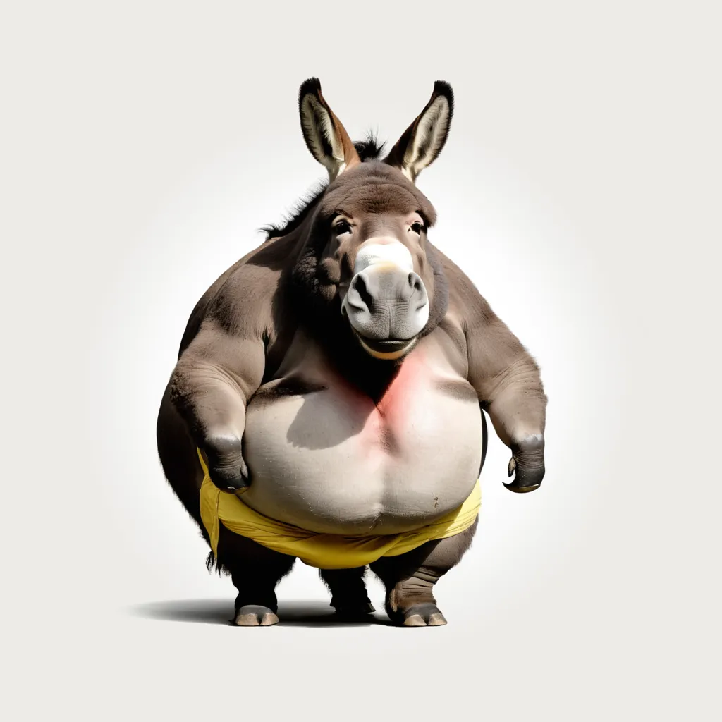 The image shows a large, overweight donkey wearing a yellow diaper. The donkey is standing on all four legs and has its head turned slightly to the left. It has a large belly and a small head. Its fur is brown and its mane and tail are black. The background is white.