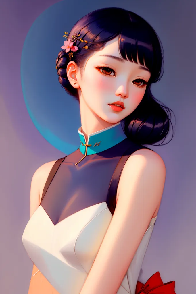 The image shows a young woman with long black hair and brown eyes. She is wearing a white and blue cheongsam, a traditional Chinese dress, with a red ribbon at her waist. Her hair is styled in a traditional Chinese bun with pink and white flowers. She is standing against a blue background with a partial moon behind her head. The image is drawn in a realistic style and the woman's expression is seri