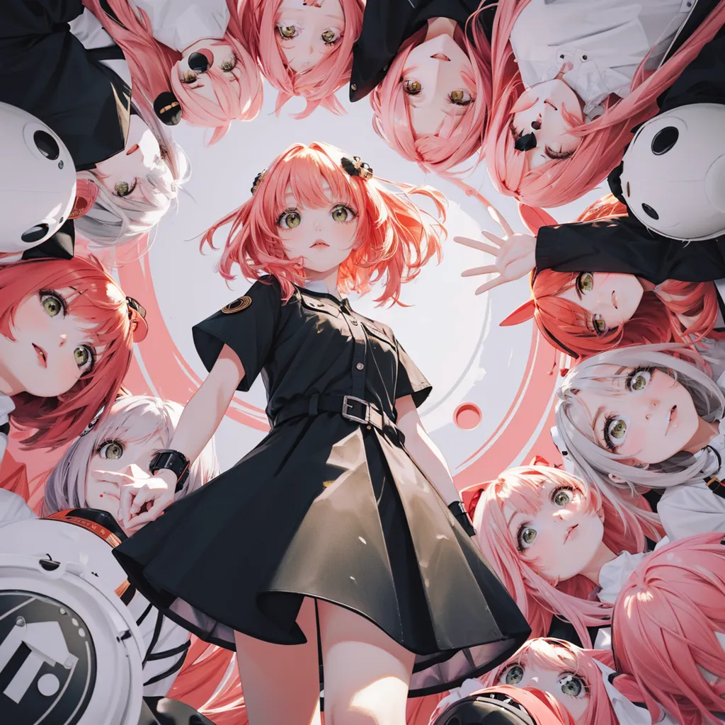 The image shows a group of anime girls with pink hair. They are all wearing black dresses and have different facial expressions. The girl in the center is standing out in front of the others. She has a confident smile on her face and is looking at the viewer. The other girls are all looking at her with admiration and respect.