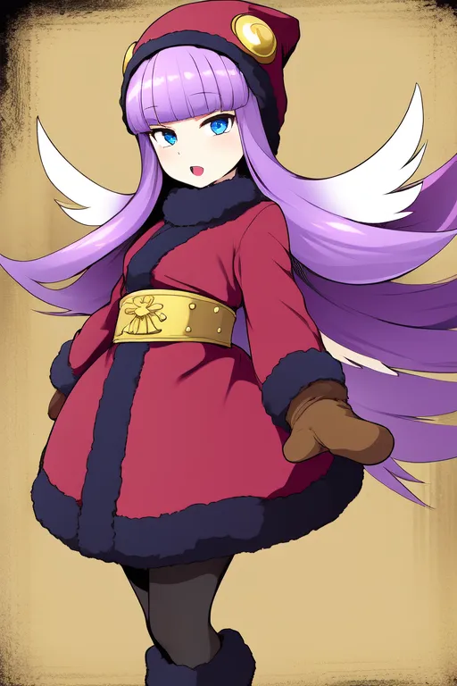 This image shows an anime-style girl with purple hair and blue eyes. She is wearing a red and white coat with a fur collar and a red hat with a white ball on the end. She also has brown gloves and boots. She is standing with her arms outstretched and has a happy expression on her face. The background is a light brown color.