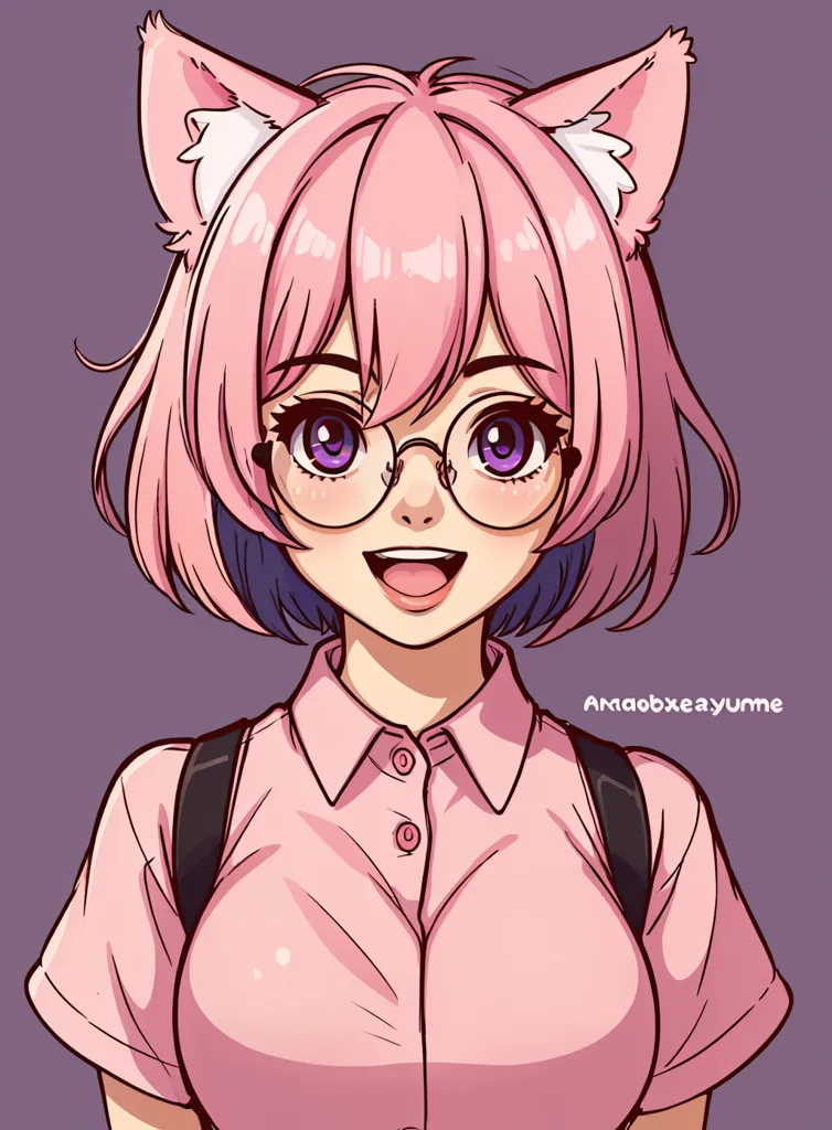 This is an image of an anime-style girl with pink hair and purple eyes. She is wearing a pink shirt and has a happy expression on her face. She has cat ears and is wearing glasses.