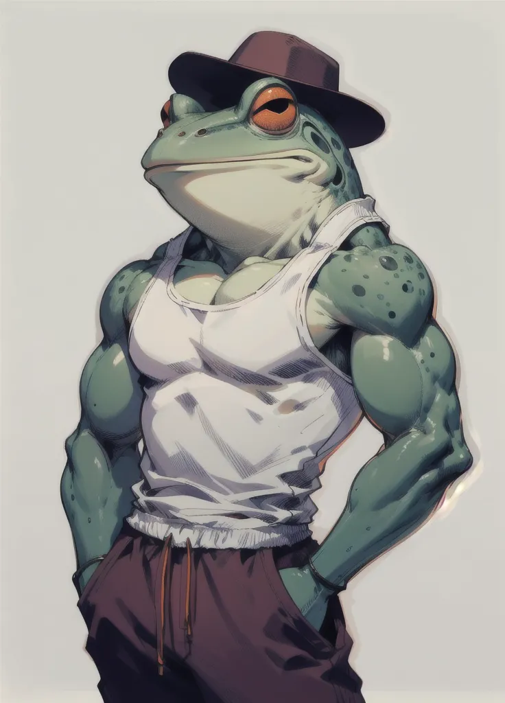 The image depicts a muscular anthropomorphic frog wearing a brown hat and white tank top. The frog is standing with its hands in its pants pockets, looking to the side with a confident expression. It has green skin and large, orange eyes.