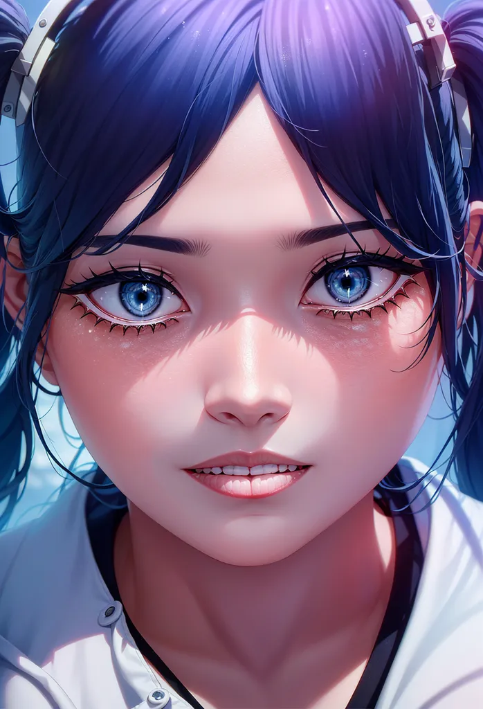 This is a picture of a young girl with blue hair and blue eyes. She is smiling and looking at the viewer. She is wearing a white shirt. Her hair is in pigtails.