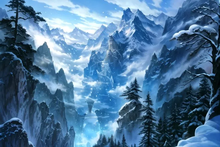 The image is a winter landscape. There are snow-capped mountains in the background and snow-covered trees in the foreground. The sky is blue and there are some clouds. The mountains are very tall and steep. The trees are tall and straight. The snow is thick on the ground. It looks like a very cold day.