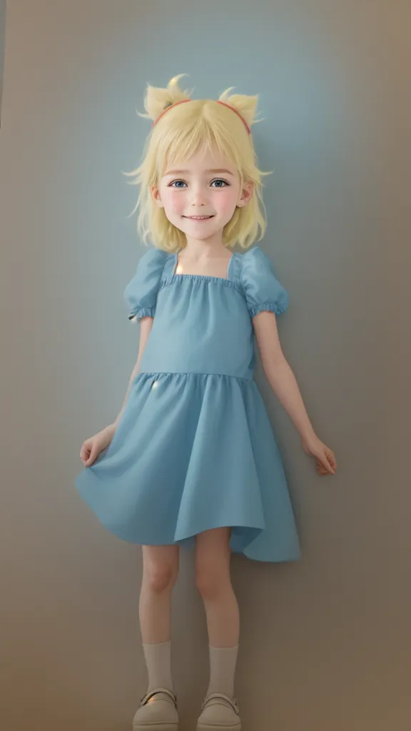 This is an image of a cute little girl. She has blond hair and blue eyes. She is wearing a blue dress and white socks. She is smiling and looks happy.