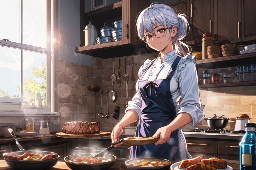 The image shows a young woman with white hair and glasses cooking in a kitchen. She is wearing a white chef's coat and a blue apron. She is holding a wooden spoon and spatula and is stirring a pot of food. There are several pots and pans on the stove and counter, and a roast is in the oven. The woman is smiling and looks happy to be cooking.