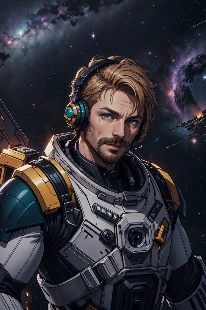 This is an image of a man in a spacesuit with his helmet off. He has blond hair and blue eyes and is wearing a headset. There are stars and planets in the background, and he has a gun on his shoulder. He looks like he is on a mission.