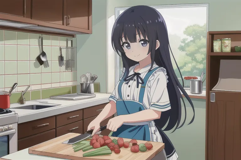 A young girl with long black hair is cooking in a kitchen. She is wearing a white blouse, a blue apron, and a black bow in her hair. She is cutting vegetables on a wooden cutting board. There is a pot on the stove behind her and a window to her right.