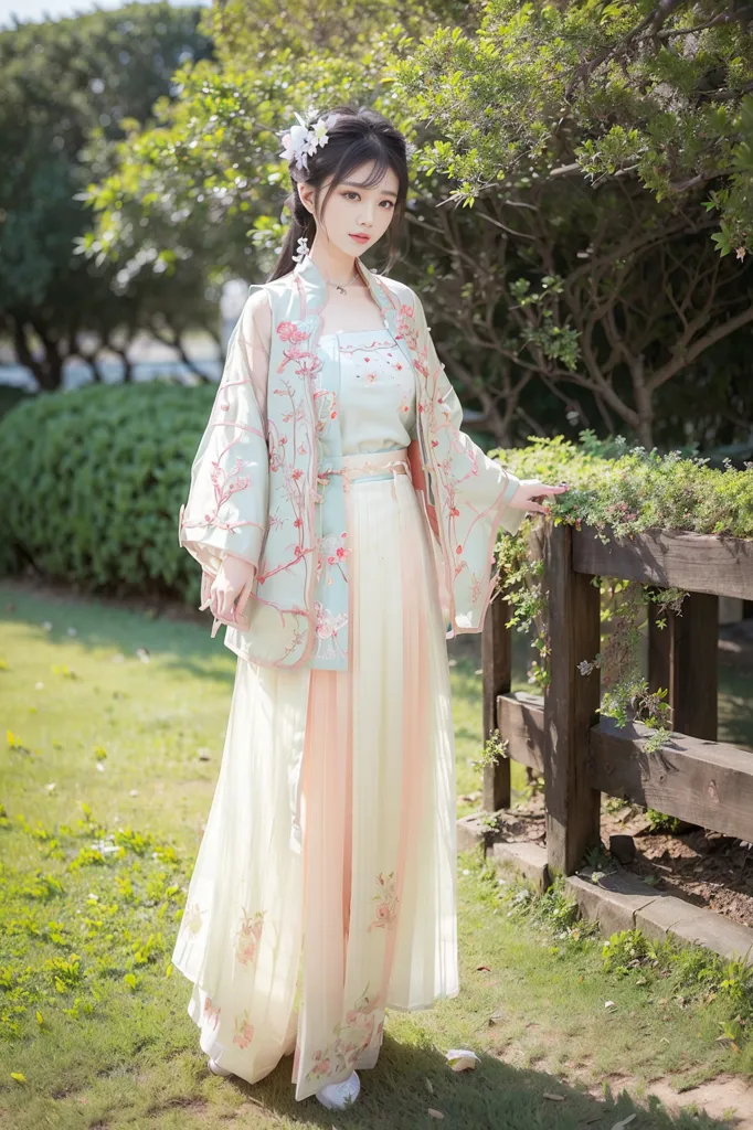 图像显示一位身穿传统中国服装(汉服)的年轻女性站在花园中。这件服装是浅绿色,有花卉图案,由长裙、短外套和白色吊带组成。这位女性有一头乌黑的长发,头上戴着一朵白色的花。她还穿着白色的运动鞋。背景是模糊的绿色树木和植物。