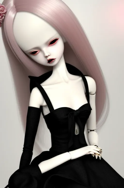 The image shows a doll with very pale skin, pink hair, and black eyes. She is wearing a black dress with a white collar. The doll is sitting in a relaxed pose with her hands resting on her lap. She is looking at the camera with a slightly melancholic expression. The background is a very light pink.