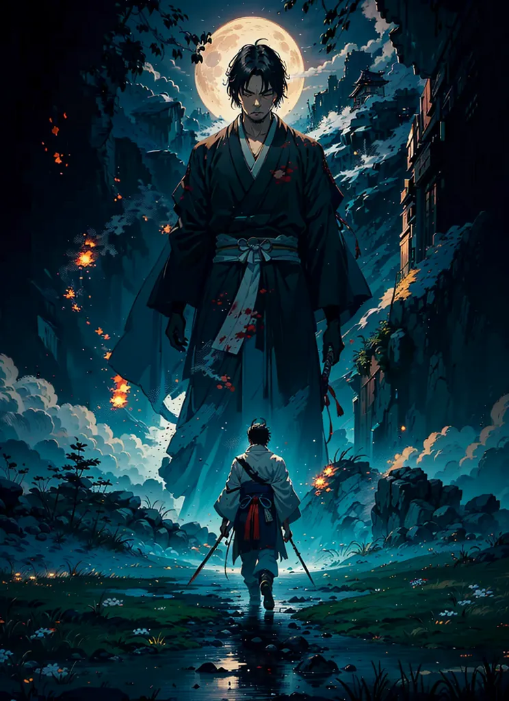 The image is set in a dark and stormy night. A samurai is walking through a forest, when he comes across a giant, shadowy figure. The figure is also a samurai, and he is standing in the middle of the path, blocking the way. The two samurai stare at each other for a moment, and then the giant samurai draws his sword. The other samurai does the same, and the two of them begin to fight. The fight is long and bloody, and in the end, the giant samurai is defeated. The other samurai stands over the giant's body, and he looks up at the moon.