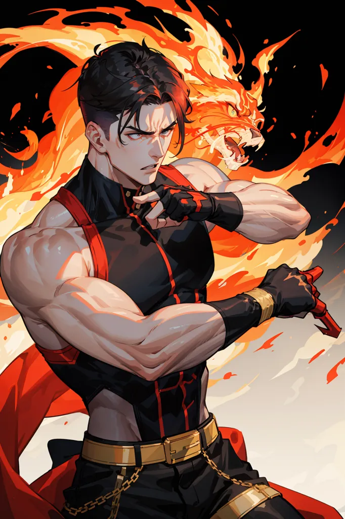 This is an image of a muscular young man with dark hair and red eyes. He is wearing a black and red outfit and has a red scarf around his waist. He is standing in a fighting stance, with his fists clenched and his feet shoulder-width apart. He is surrounded by flames. There is a tiger behind him. The background is black.