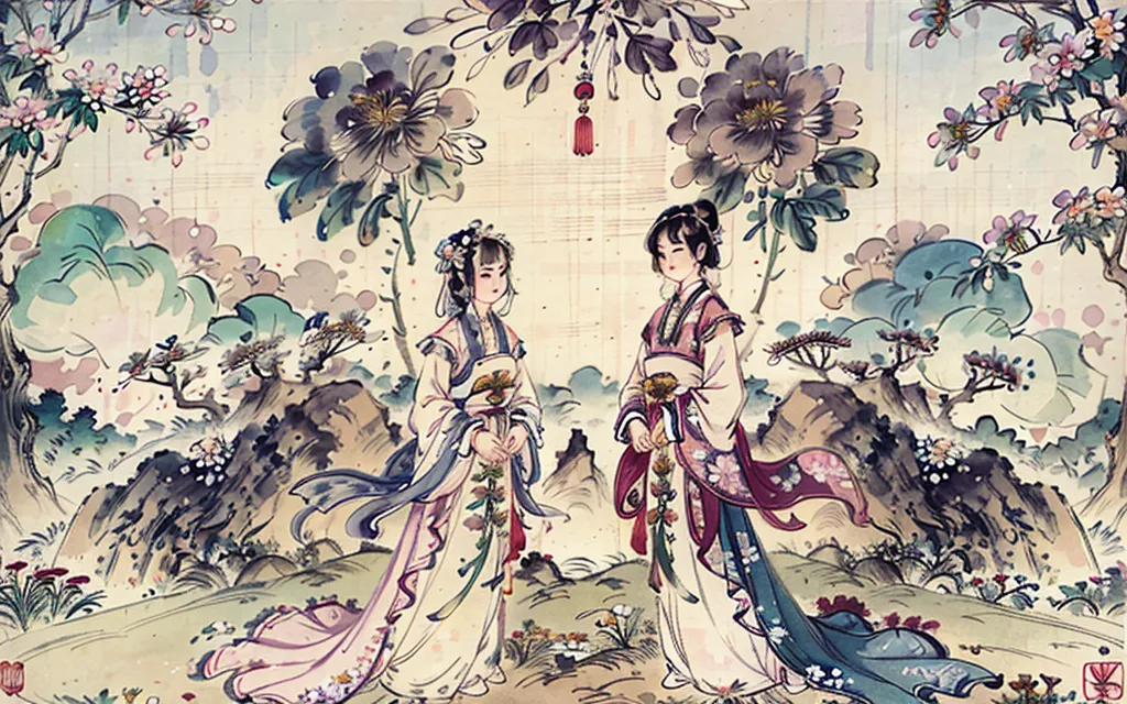 这幅图像是一幅中国画,描绘了两位女士在花园中的场景。她们都穿着传统的中国服饰,周围环绕着鲜花和树木。这幅画采用了写实的风格,色彩鲜艳生动。这幅图像是对中国花园的美丽和宁静的描绘。