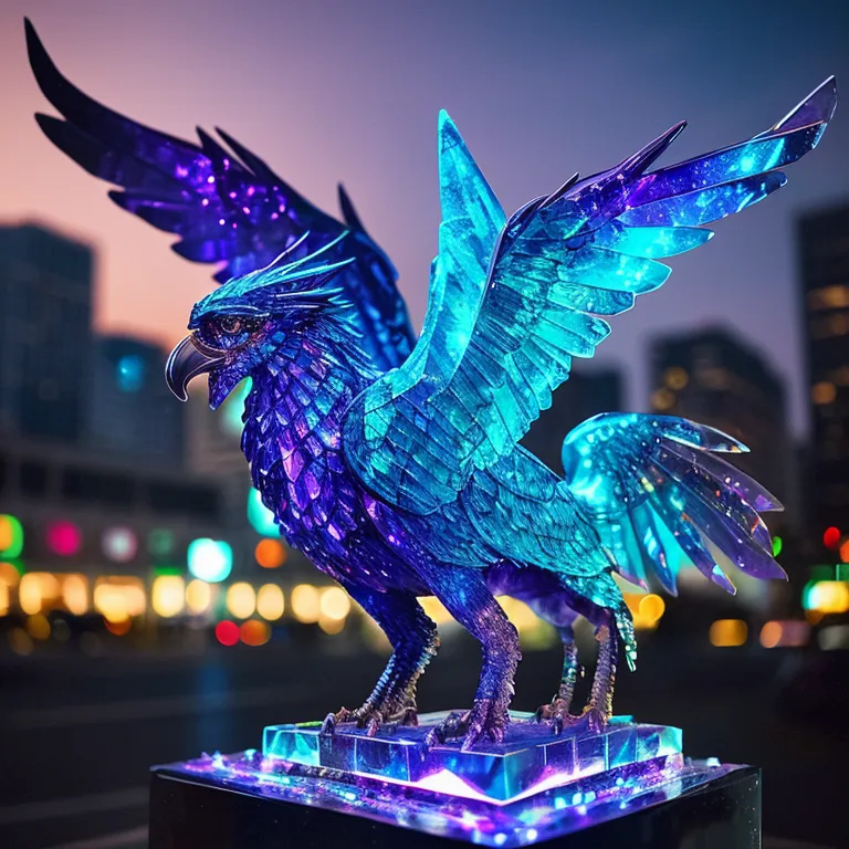 The image is a 3D rendering of a blue and purple phoenix with its wings spread. The phoenix is standing on a pedestal in front of a blurred background of a city at night. The phoenix is made of shiny, reflective material and is lit by bright lights, which makes it appear to be glowing. The image is very detailed and realistic, and the phoenix looks like it is about to take flight.