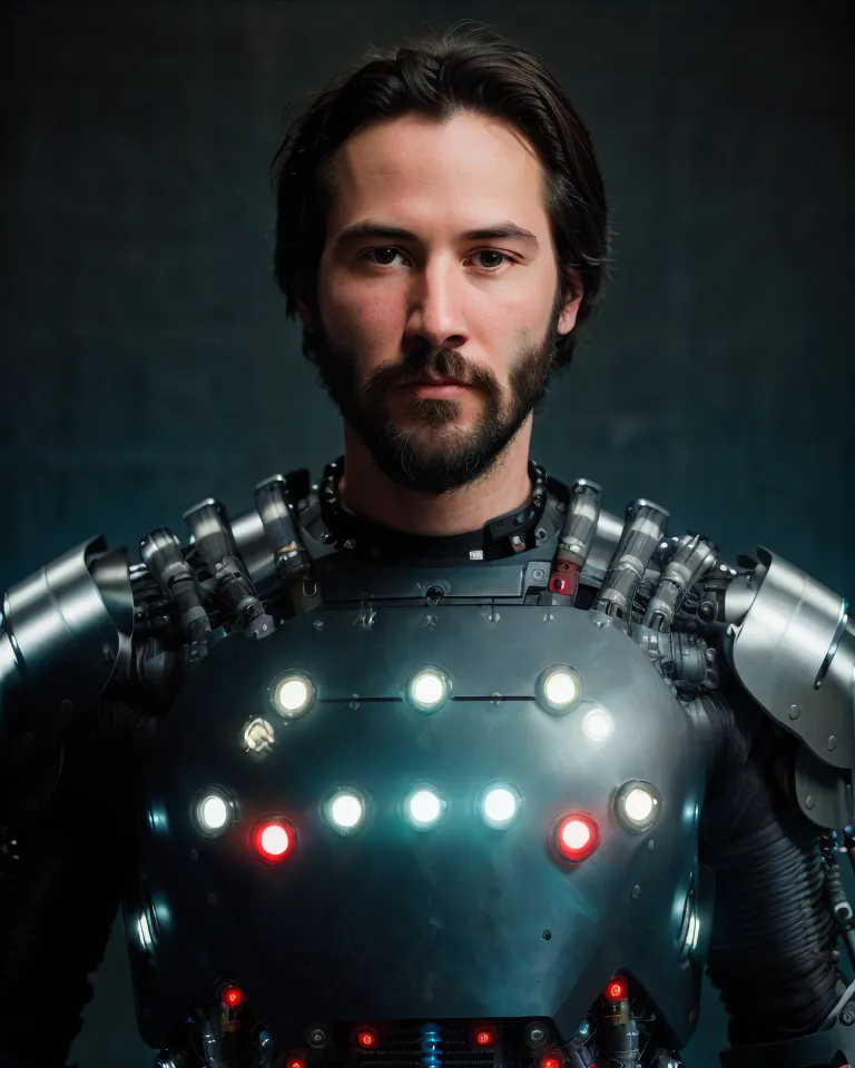 This is an image of Keanu Reeves. He is wearing a black leather jacket and a metal chest plate with lights on it. He has a beard and his hair is short and dark. He is looking at the camera with a serious expression.