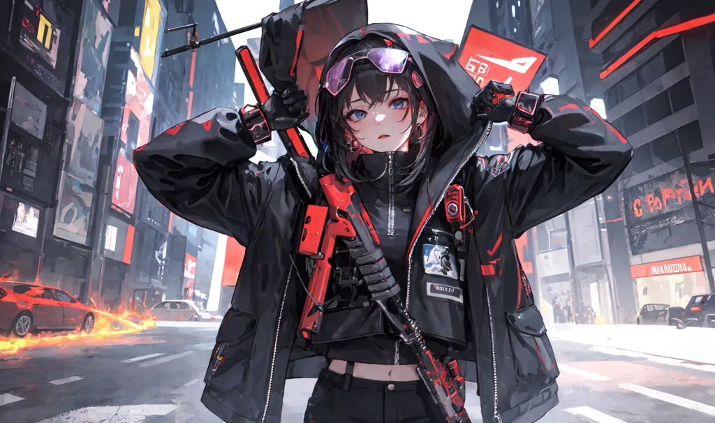 The image is a digital painting of a young woman standing in a city street. She is wearing a black and red jacket and a pair of black pants. She has a gun in her hand and a flag on her back. The city is in ruins and there are cars on fire in the background. The woman is looking at the viewer with a determined expression on her face.