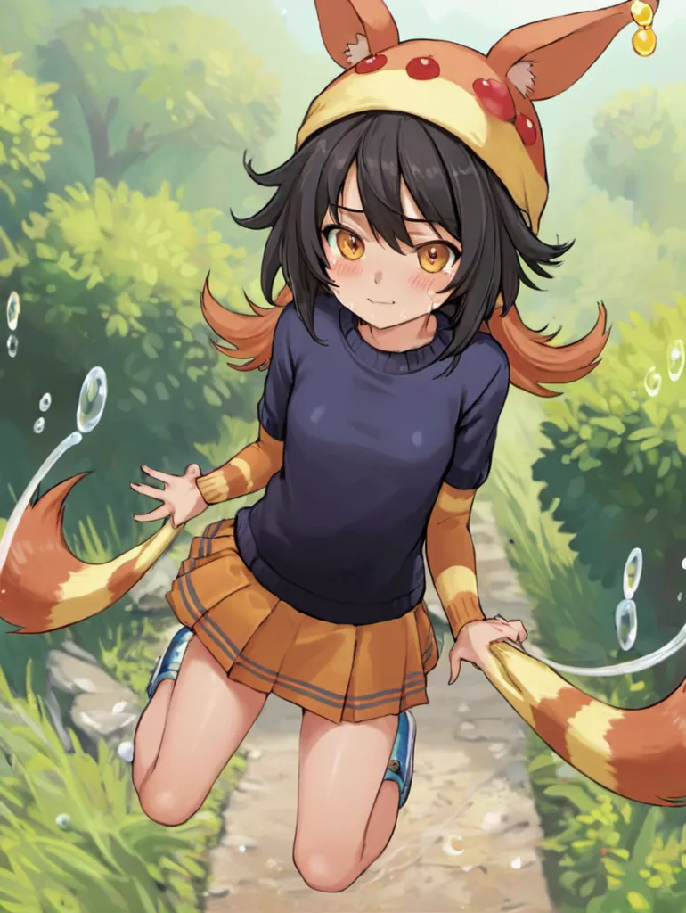 The image shows an anime-style girl with long black hair and orange eyes. She is wearing a blue sweater, an orange skirt, and a hat with fox ears. She is also wearing socks and sneakers. She has a happy expression on her face and is surrounded by green leaves.