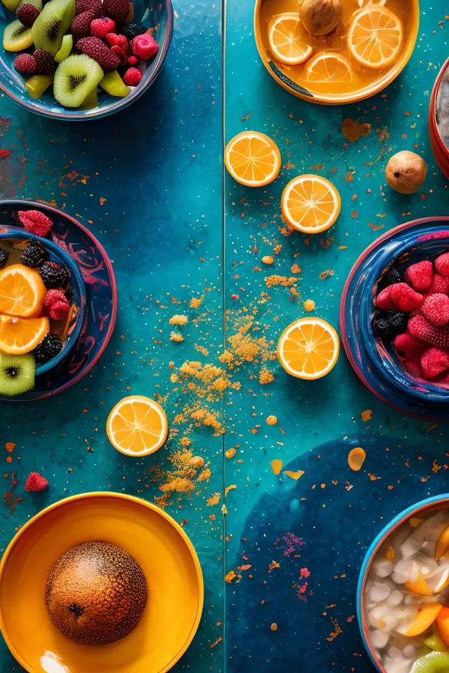 There are several bowls of fruit on a blue table. The bowls are filled with oranges, raspberries, blackberries, and kiwi. The fruit is colorful and looks delicious. The background is a deep blue color, which makes the fruit stand out. The overall effect is one of beauty and abundance.