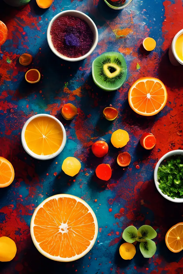 The image shows various fruits arranged on a blue and red table. There are four orange slices, two kiwi halves, and several small red tomatoes. There are also some yellow citrus fruits and green grapes. The fruits are arranged in a visually appealing way and the colors of the fruits contrast with the blue and red background.