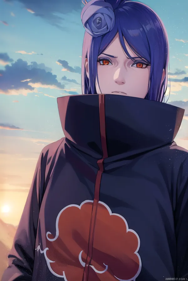 This image shows a kunoichi from the anime series Naruto. She has long blue hair, purple eyes, and a pale complexion. She is wearing a black Akatsuki cloak with a red cloud design on the back.