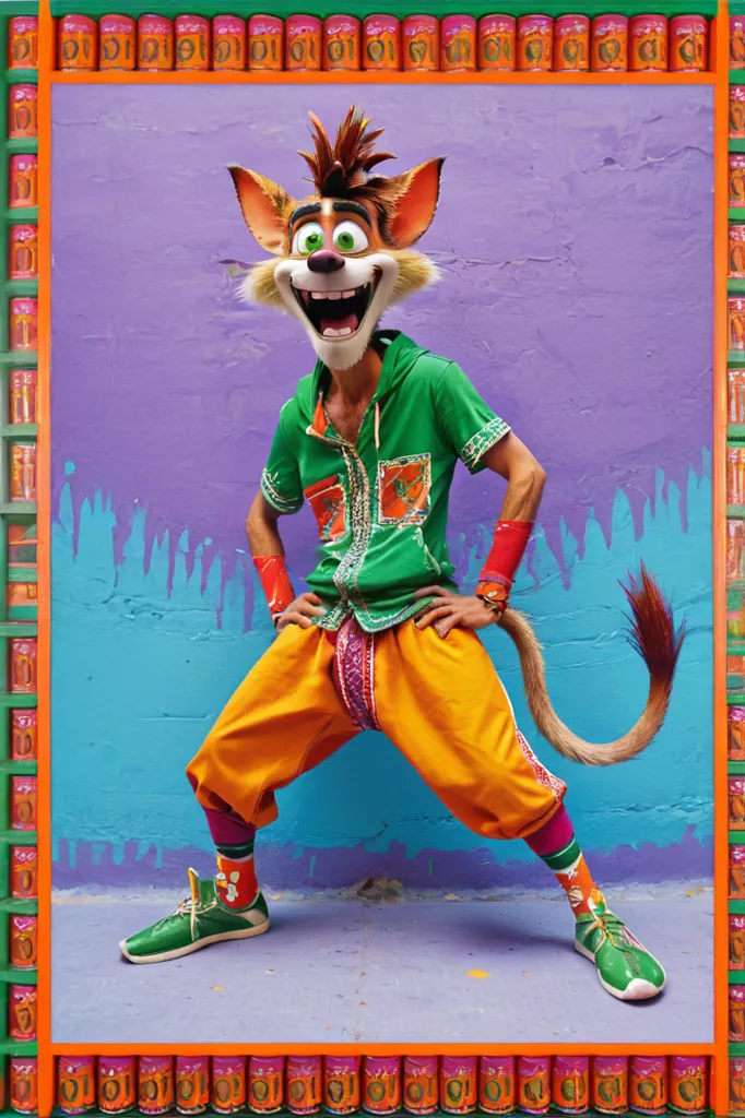 This image shows a cartoon character. He is a raccoon cat. He is wearing a green shirt, orange pants, and green shoes. He has a big smile on his face. He is standing in front of a blue background. There is a colorful frame around the image.