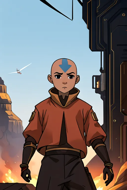 The image is of Aang, a character from the animated television series Avatar: The Last Airbender. He is standing in a futuristic city, wearing a red and orange jacket and dark blue pants. He has a determined expression on his face, and he is surrounded by flames. In the background, there is a large building and a flying vehicle.