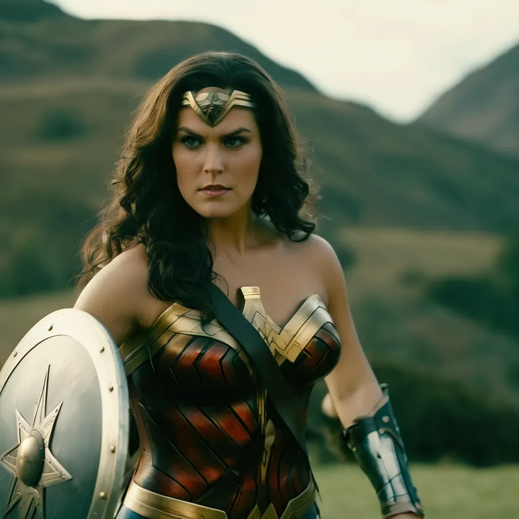 This image shows a photo of a young woman dressed as the superhero Wonder Woman. She is wearing a red and gold bustier with a gold belt and a blue skirt. She has a shield in her left hand and is looking to the right of the frame. She has long dark hair and a serious expression on her face. She is standing in a field with a hill in the background.