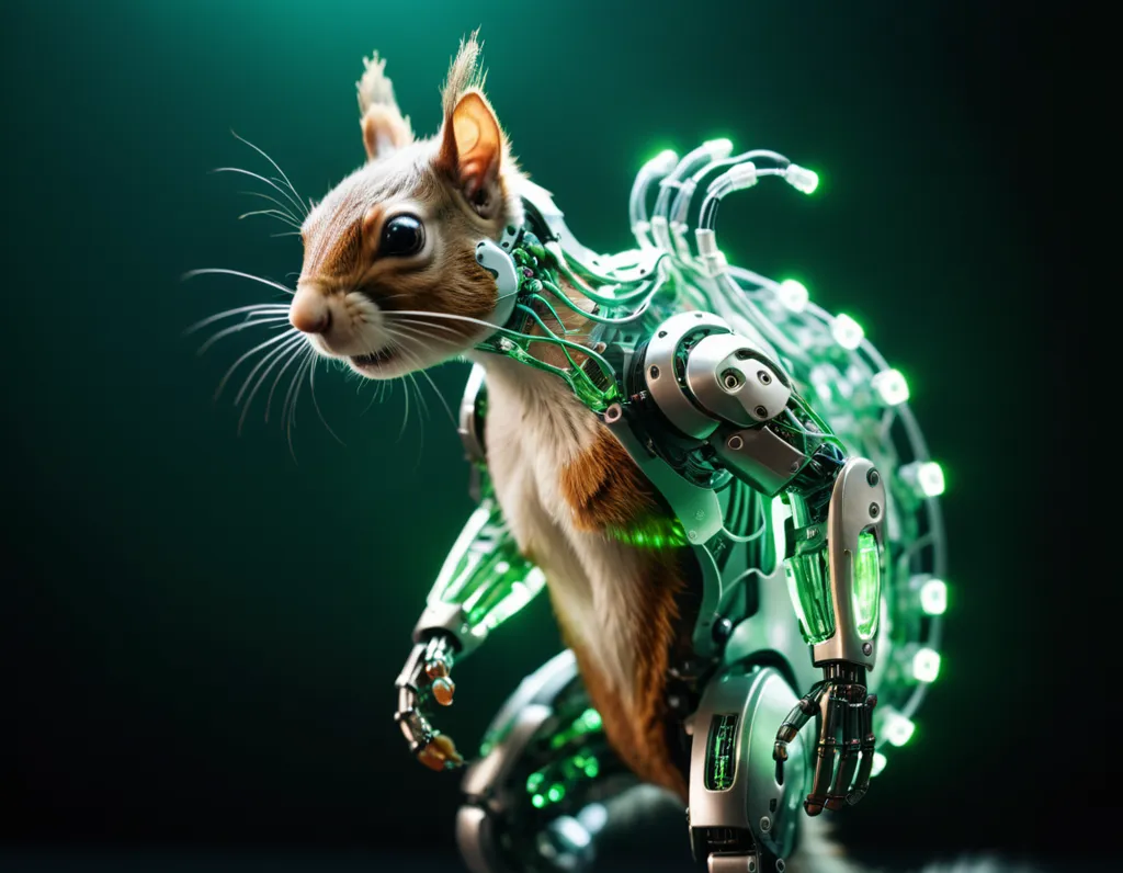 The image shows a squirrel with robotic parts. The squirrel is standing on its hind legs and looking to the left. Its fur is brown and black, and its eyes are black. The robotic parts are made of metal and are green and silver. The squirrel is standing in a dark green void.