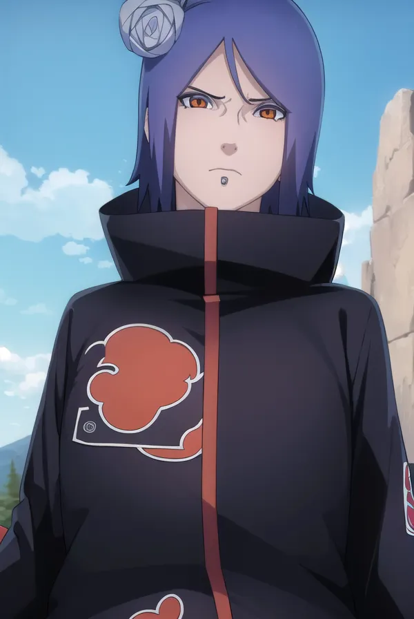 This image shows a kunoichi from the anime series Naruto. She is wearing a black Akatsuki cloak with a red cloud design on the back. Her hair is purple and she has orange eyes. She is looking at the viewer with a serious expression.