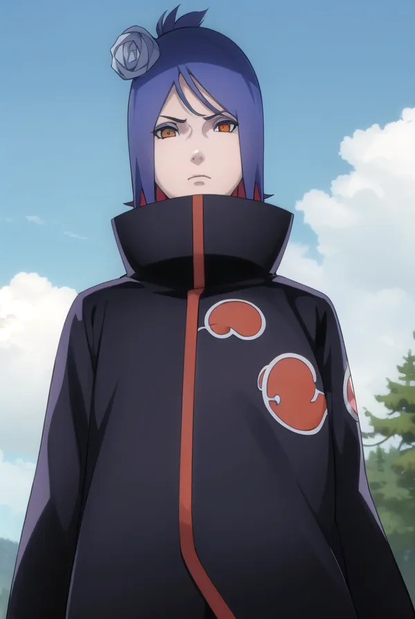 This image shows a kunoichi from the anime series Naruto. She is wearing a black Akatsuki cloak with red clouds and has a blue rose in her hair. Her eyes are orange and she has a serious expression on her face.