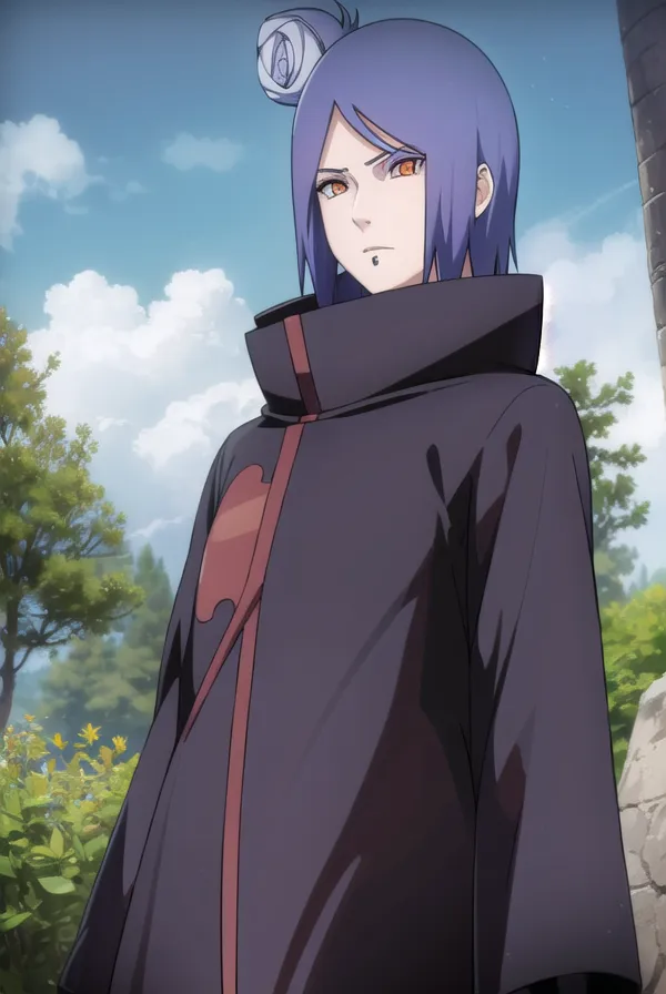 This image shows a kunoichi from the anime series Naruto. She is wearing a black and purple outfit with a hood. Her hair is purple and she has orange eyes. She has a serious expression on her face.