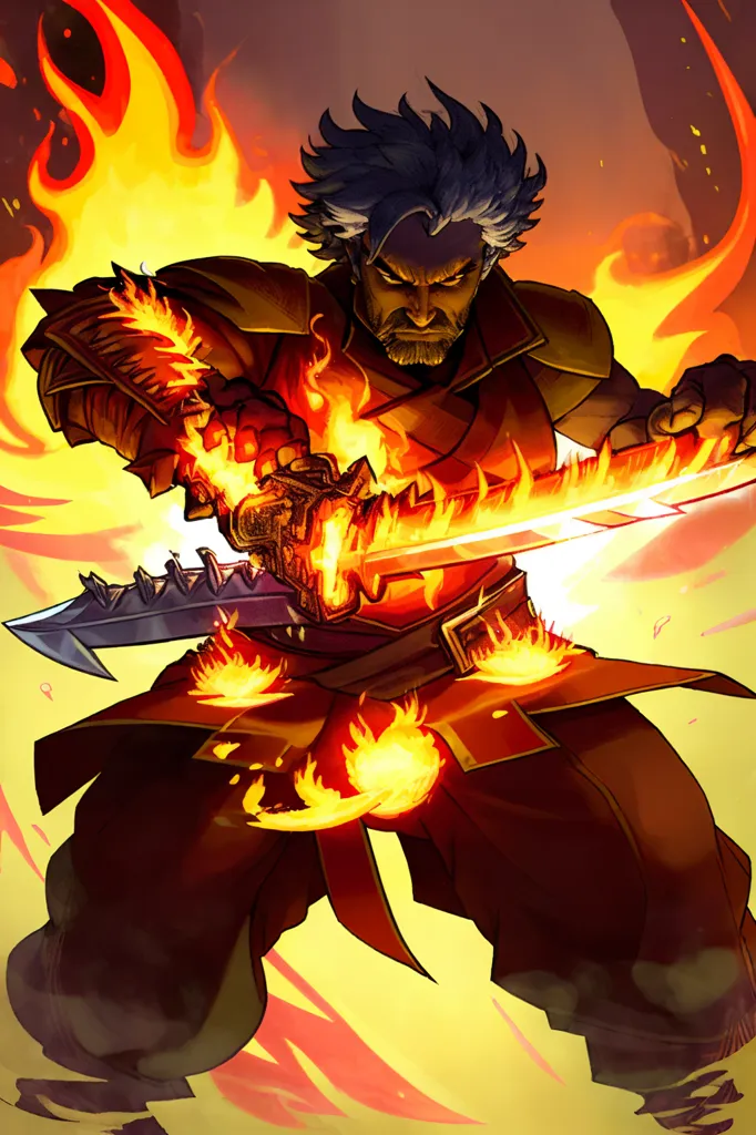 This is a picture of a man with grey hair and a beard. He is wearing a red and brown outfit and is holding a sword. The sword is on fire, and the man is surrounded by flames. He has a determined look on his face, and it is clear that he is ready for a fight.