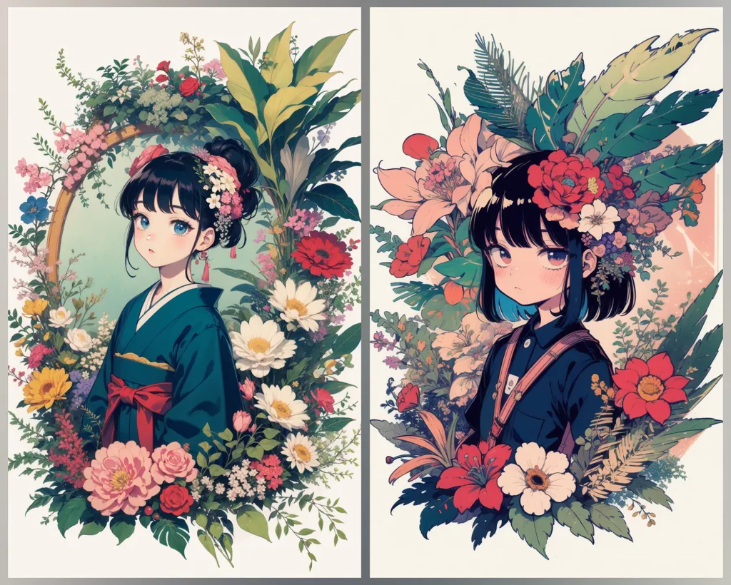 The image shows two illustrations of anime girls with black hair. The girl on the left is wearing a kimono and is surrounded by a frame of flowers. The girl on the right is wearing a school uniform and is surrounded by various flowers and plants. Both girls have big, round eyes and are looking at the viewer.