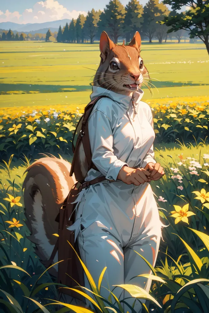 The image is a painting of a squirrel-girl in a field of flowers. She is wearing a white jumpsuit and a brown belt. She has a backpack on her back and a pouch on her hip. She is standing in a field of yellow flowers and there are green trees and hills in the background. The squirrel-girl is looking at the viewer with a curious expression on her face.