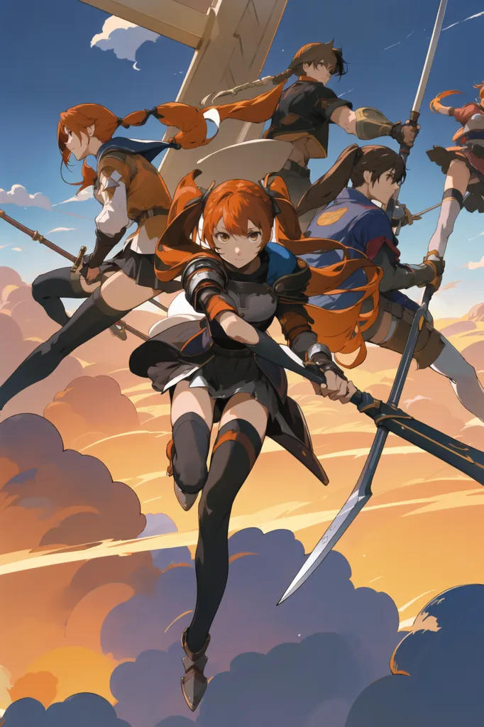 This image shows five characters from an anime series. They are all wearing similar outfits and are all armed with weapons. The background is a bright sky with clouds. The characters are all in different poses, and it looks like they are about to engage in battle.