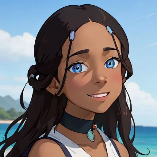 This is a picture of Katara from the cartoon *Avatar: The Last Airbender*. She has dark skin and blue eyes, and her hair is done up in a bun. She is wearing a blue and white outfit. She has a friendly smile on her face. The background is a beach, with the ocean behind her.