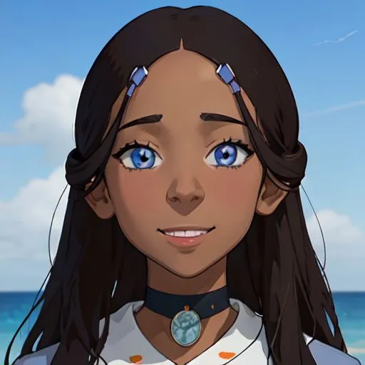 This is a picture of Katara from the cartoon Avatar: The Last Airbender. She has brown skin and dark hair with blue eyes. She is wearing a blue and white outfit with a necklace. She has a friendly expression on her face.