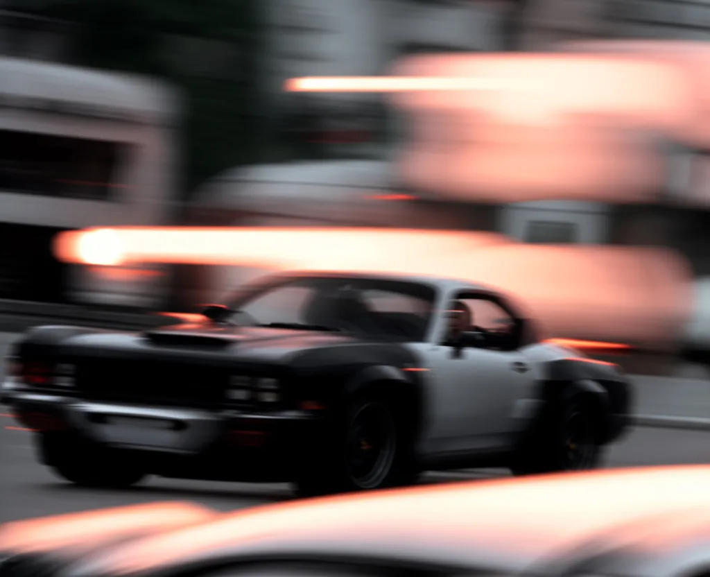 The image shows a black muscle car with a white stripe going down the middle. The car is blurred, showing that it is moving very fast. The background is also blurred, showing that the car is on a busy road with lots of other cars. The car is in the center of the image, showing that it is the main focus. The image is taken from a low angle, making the car look more powerful and intimidating. The overall effect of the image is one of speed, power, and excitement.